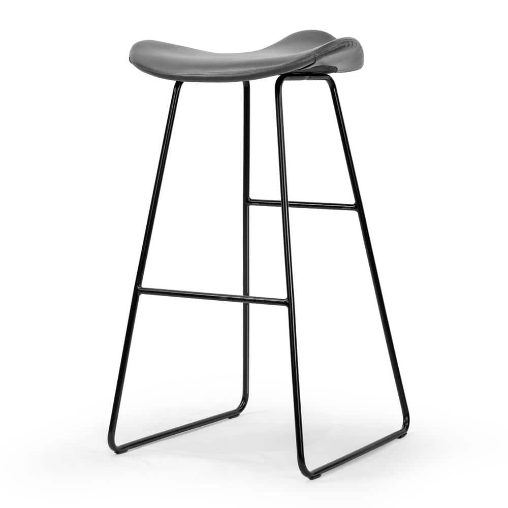 Modern Saddle-Style 25" Black Metal & Leather Backless Barstool