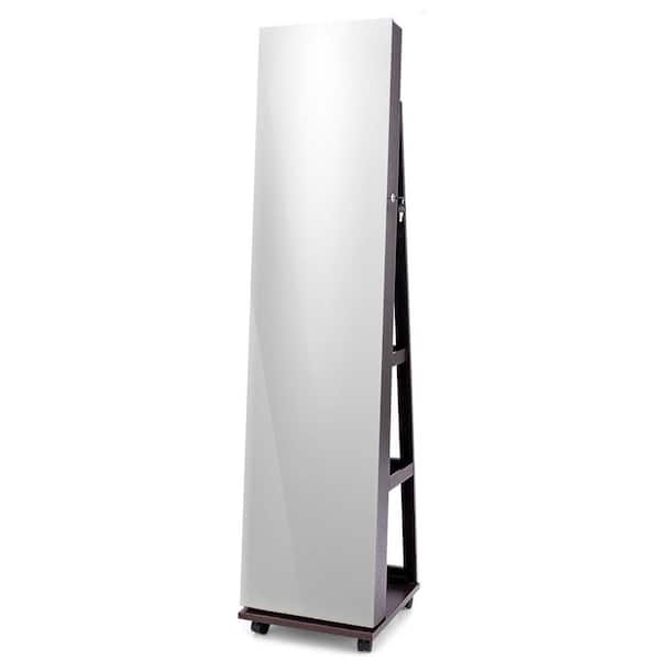 15 in. x 64 in. Brown Freestanding Lockable MDF Jewelry Armiore with Full-Length Mirror