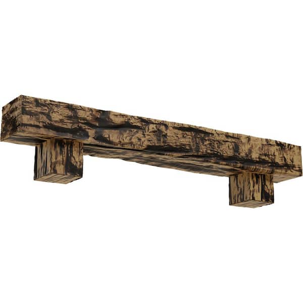 Ekena Millwork 6 in. x 10 in. x 3 ft. Riverwood Faux Wood Fireplace Mantel Kit, Alamo Corbels, Natural Golden Oak