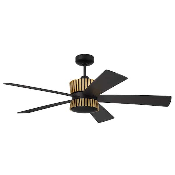 52 in. Satin Brass, Flat Black/Black Walnut Blades Angled Mount Standard Ceiling Fan w/ Integrated LED & Remote Included