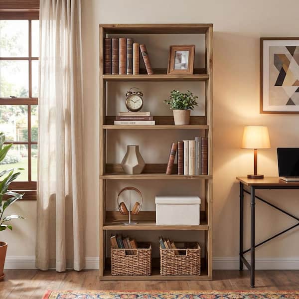 70.87 in. Tall Brown Solid Wood 5-Shelf Farmhouse Bookcase with Open Storage Shelves
