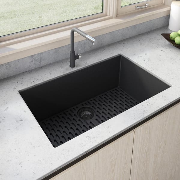 Epigranite 30 in. Undermount Single Bowl Midnight Black Granite Composite Kitchen Sink