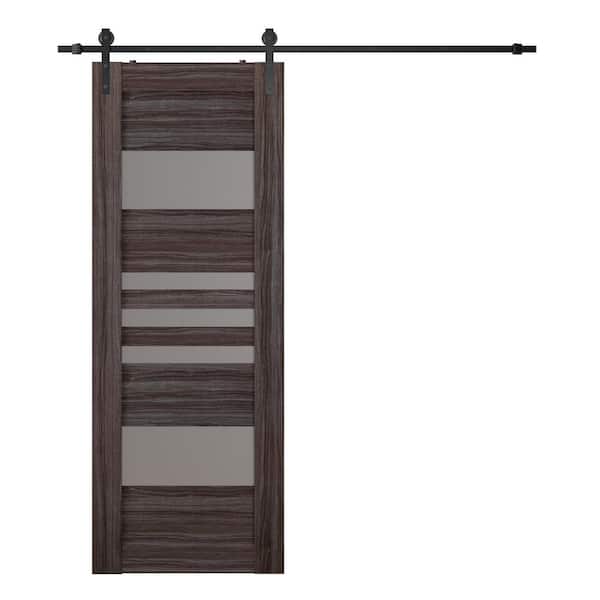 Leti 24 in. x 95.25 in. 5 Lite Frosted Glass Gray Oak Composite Core Wood Sliding Barn Door with Hardware Kit