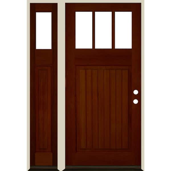 Krosswood Doors 50 in. x 80 in. Craftsman 3-LIte Clear Glass VG Red Chestnut Stain Left Hand Hemlock Wood Prehung Front Door w/LSL