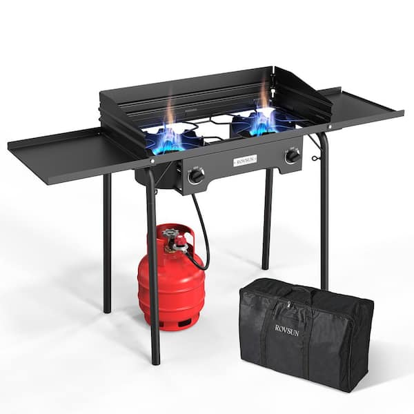 ROVSun 2-Burner Camping Stove with Windpanel & Side Shelves & Bag, High Pressure 150,000 BTU Outdoor Propane Gas Cooker