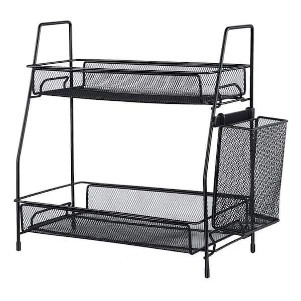 2 Tier Black Countertop Organizer for Bathroom Bedroom Kitchen Spice Rack Shelf with Small Basket