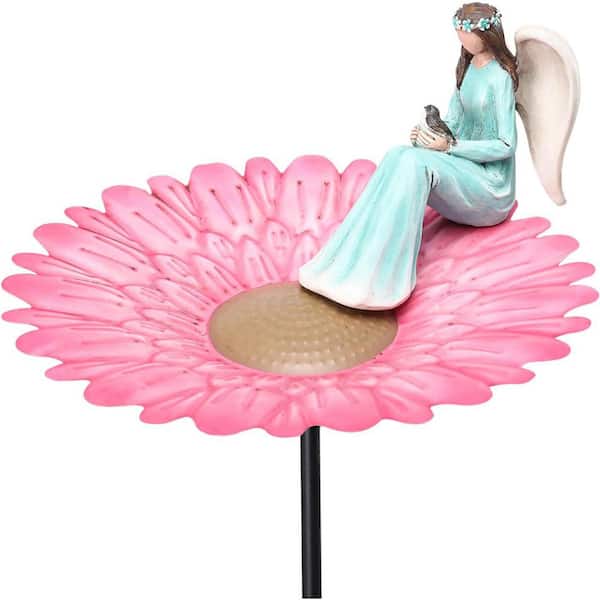 Pink Metal Garden Bird Bath with Resin Angel Statue