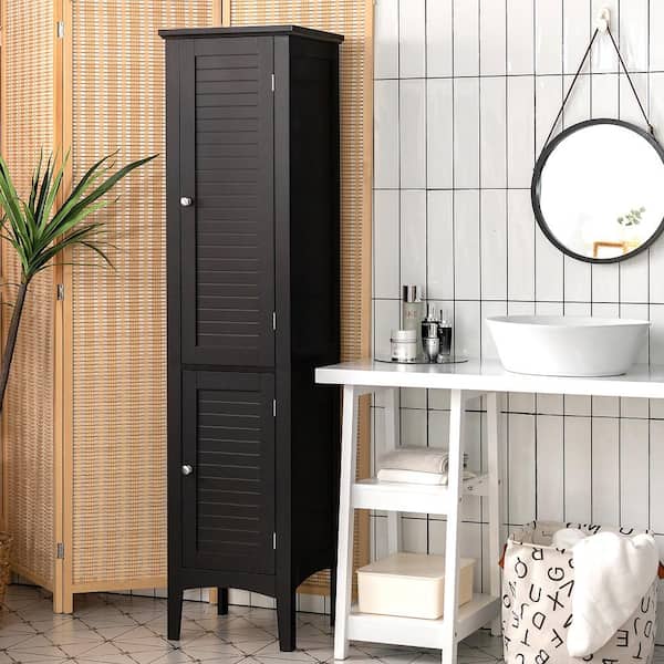 14.5 in. W x 14.5 in. D x 63 in. H Black Wood Freestanding Linen Cabinet Bathroom Storage Cabinet