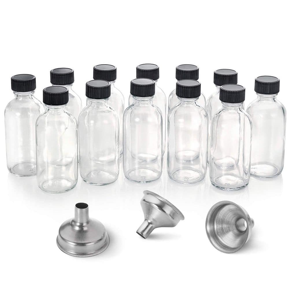 12 Pack Clear Round Glass Bottle with Black Lid and Stainless Steel Funnel Pack Decorative Accessory price history on PriceWatchPro