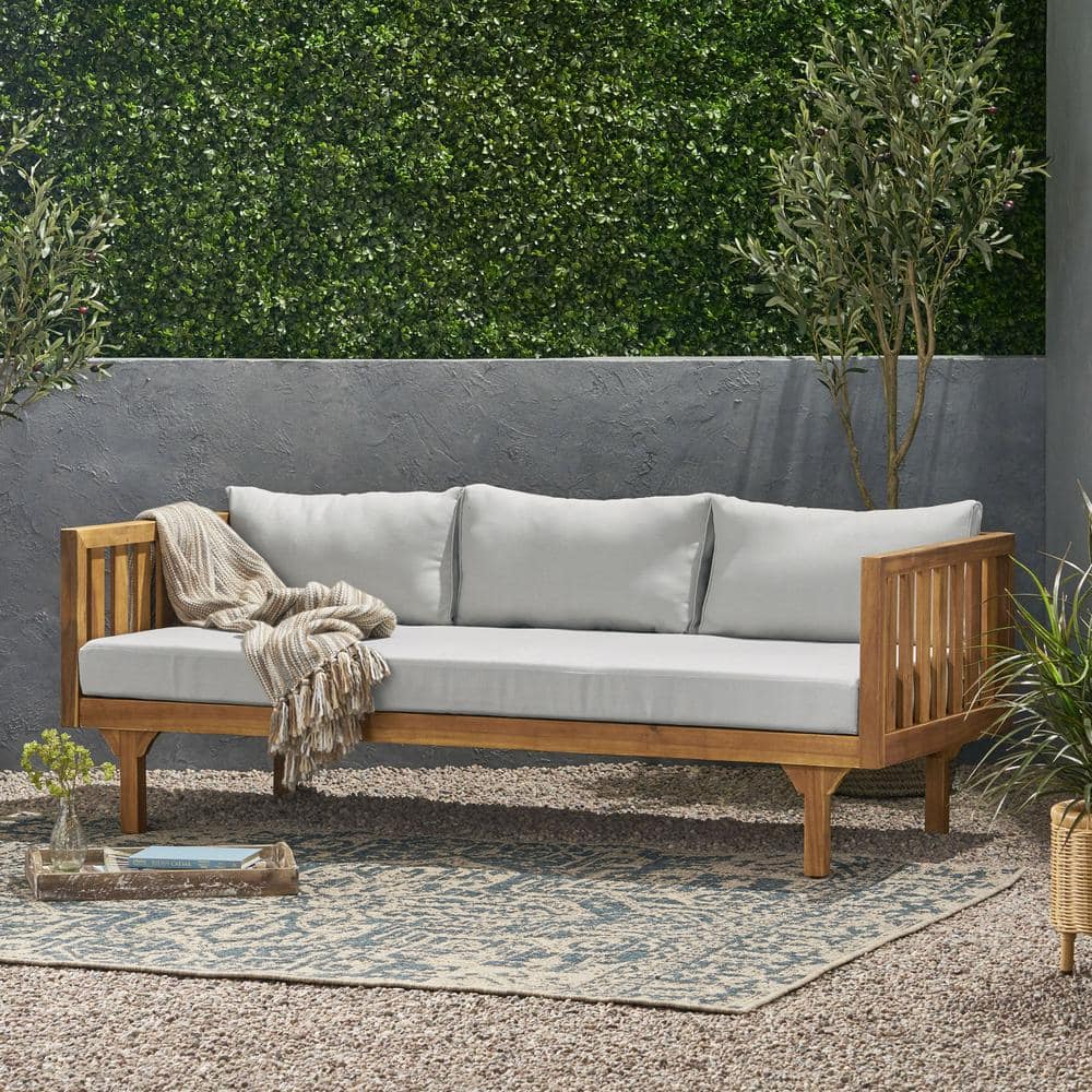 CLAREMONT Teak Wood+Waterproof Fabric Outdoor Day Bed with Gray Cushions
