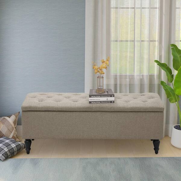 Maypex 45 in. Beige Linen Fabric Upholstered Flip Top Tufted Storage Bench 45 in. L x 18 in. W x 18 in. H