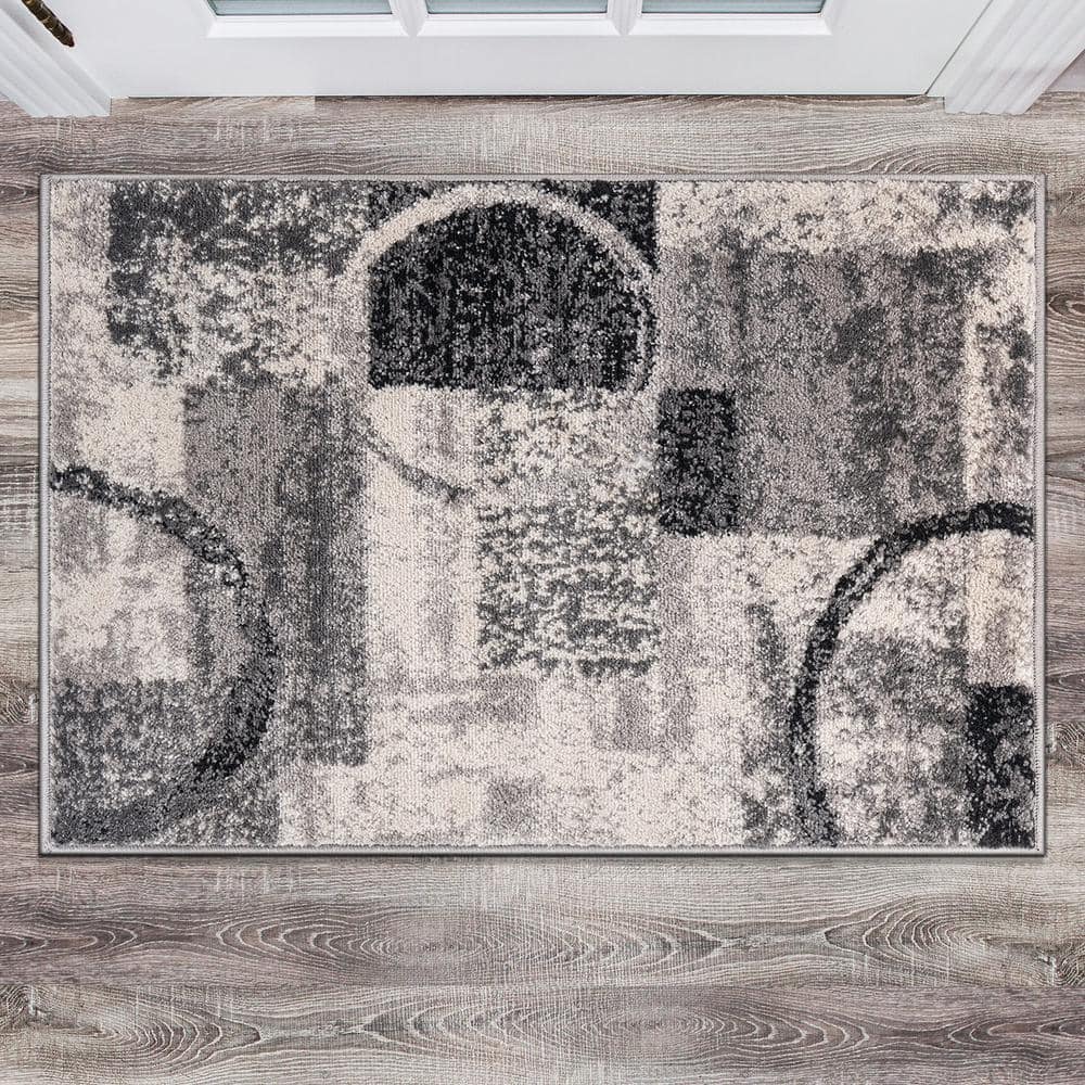 Cream and Gray Abstract Circle Design Area Rug 2' x 3'