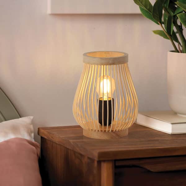 SUNLLOK 7 in. Vintage 1-Light Bamboo Table Lamp for Living Room with Wood Base and On/Off Switch, E26 Base