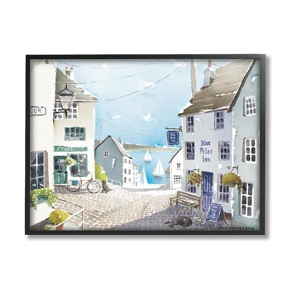 Coastal Town Seaport Sailboats by Roy Thompson 1-Piece Black Framed Nature Giclee Art Print 14 in. x 11 in.