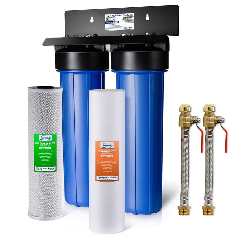 2-Stage Whole House Water Filtration System, 3/4 in. Push-Fit Braided Stainless Steel Hose Connectors & Ball Valve, Blue
