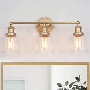 Modern Bell Bathroom Vanity Light Mila 3-Light Brass Gold Circle Powder Room Wall Sconce Light with Clear Glass Shades