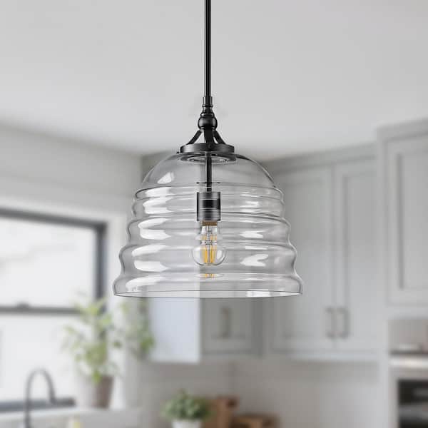 1-Light 40W Height Adjustable Hanging Modern Matte Black Kitchen Island Pendant Light With Clear Fluted Dome Glass Shade