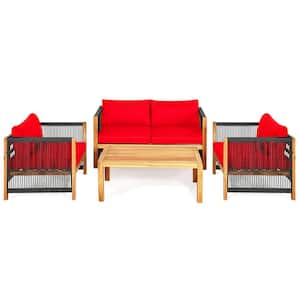 4-Piece Acacia Wood Outdoor Patio Furniture Conversation Set W/Red Cushions