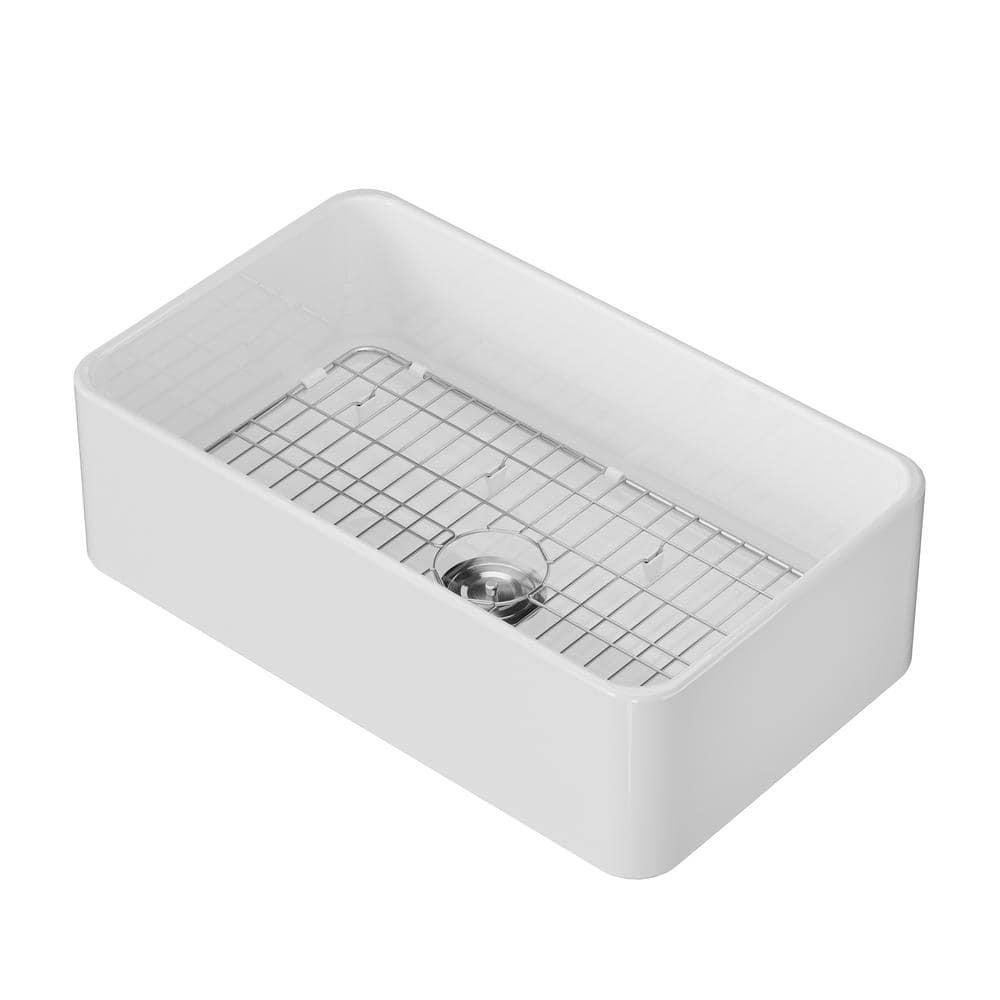 33 in. Farmhouse/Apron-Front Single Bowl White Fireclay Kitchen Sink with B
