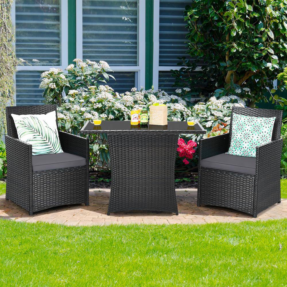 Gray 3-Piece Outdoor Bistro Set with Cushions and Tempered Glass Table