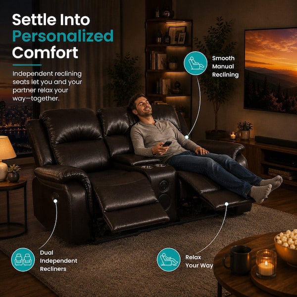 37.79 in. D Rolled Arm Faux Leather Rectangle Push Back Manual Recliner Sofa Loveseat for Living Room in. Espresso