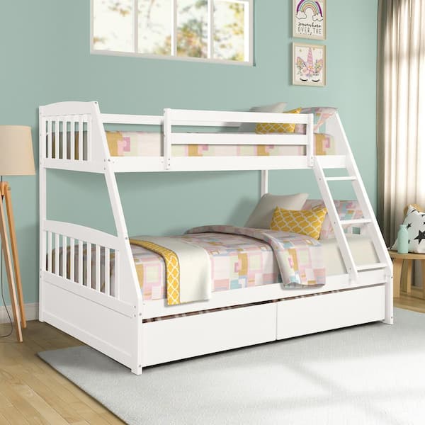 Polibi White Solid Wood Twin Over Full Bunk Bed with 2 Storage Drawers and Removable Ladder (79 in. L x 57.8 in. W)