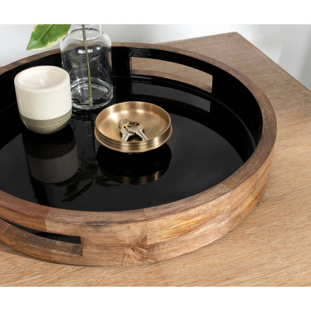 Natural and Black Round Mango Wood Tray with Handles