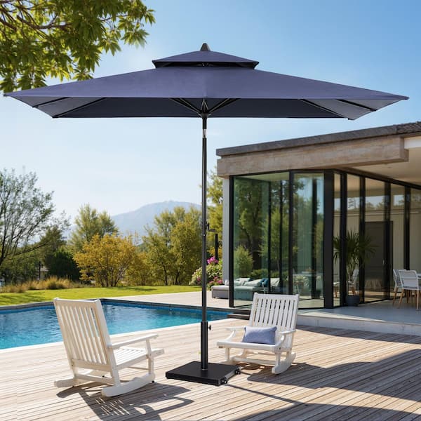9 ft. x 5 ft. Rectangular Double Top Market Tilt Patio Umbrella Table Umbrella in Navy Blue, 45 lbs. Cement Wheeled Base