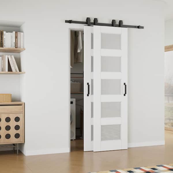 40 in. x 80 in. (Double 24 in. ) 5-Lite Frosted Glass White Primed MDF Sliding Barn Door with Hardware Kit Bypass