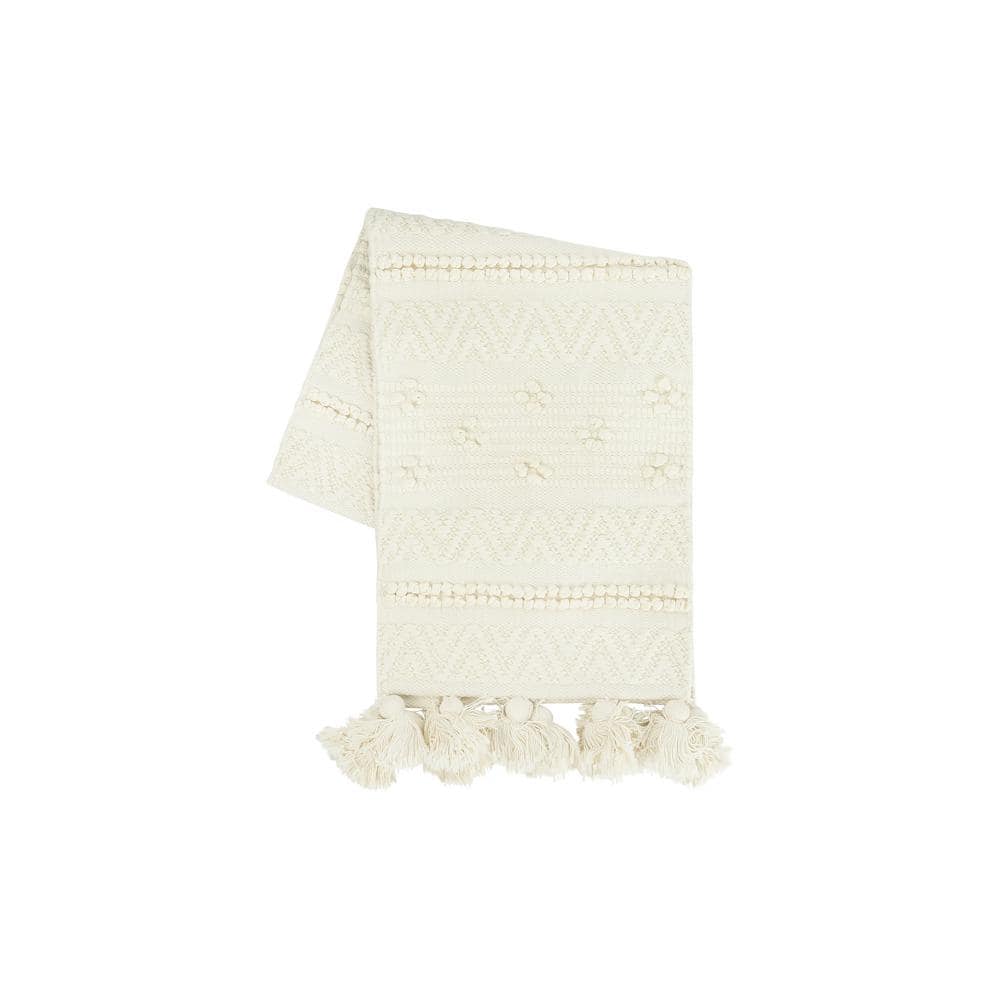 Cream Woven Cotton Table Runner with Pom Poms and Tassels