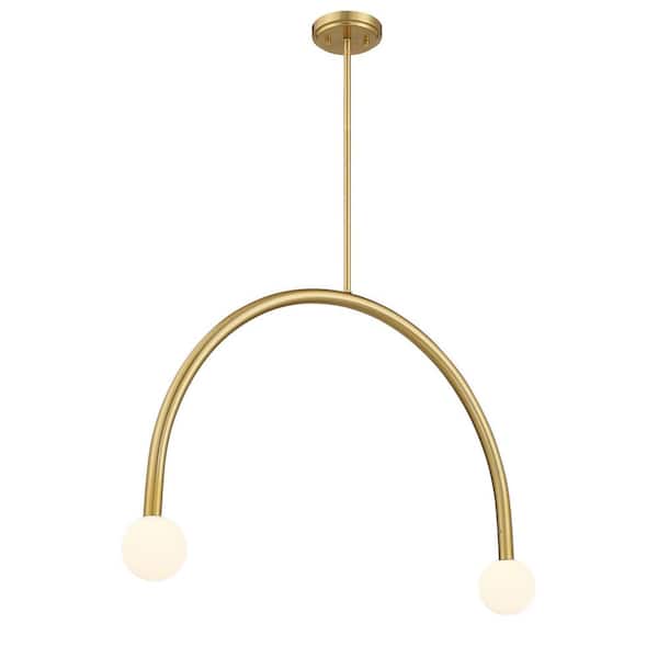 Meridian 4 in. W x 21 in. H 2-Light Natural Brass Contemporary Chandelier with White Opal Glass Shades