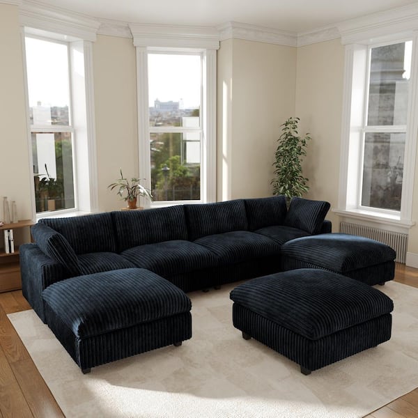 Unbranded 157. 4 in. Square Arm 7-piece Rabbit Velvet Plush U-Shaped Free Combination Sofa with Removable Ottoman, Cover in Black