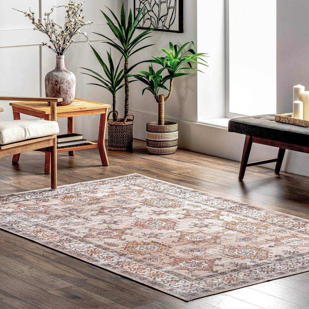 Eco-Friendly Beige Synthetic 4' x 6' Washable Area Rug