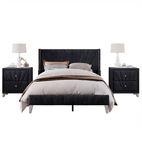 Angel Sar 85.8 in. W Black Velvet Wood Frame Queen Platform Bed with 2 Drawers Bedroom Set