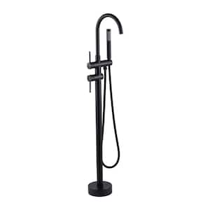 Double Handle Floor Mounted Freestanding Tub Faucet with Handheld Shower in Black