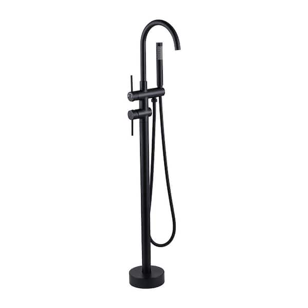 ARCORA Double Handle Floor Mounted Freestanding Tub Faucet with Handheld Shower in Black