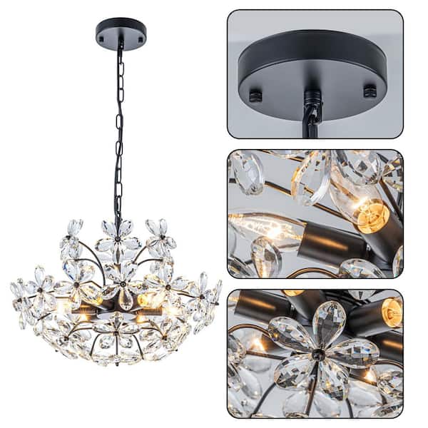 TinHon 6-Light Modern Black Crystal Flower Chandelier with Clear
