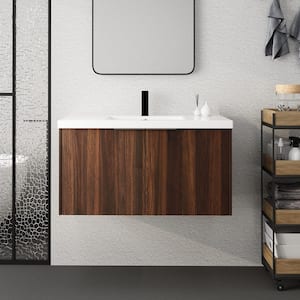 36 in. W x 18.1 in. D x 19.3 in. H Floating Bath Vanity in Walnut with White Resin Top