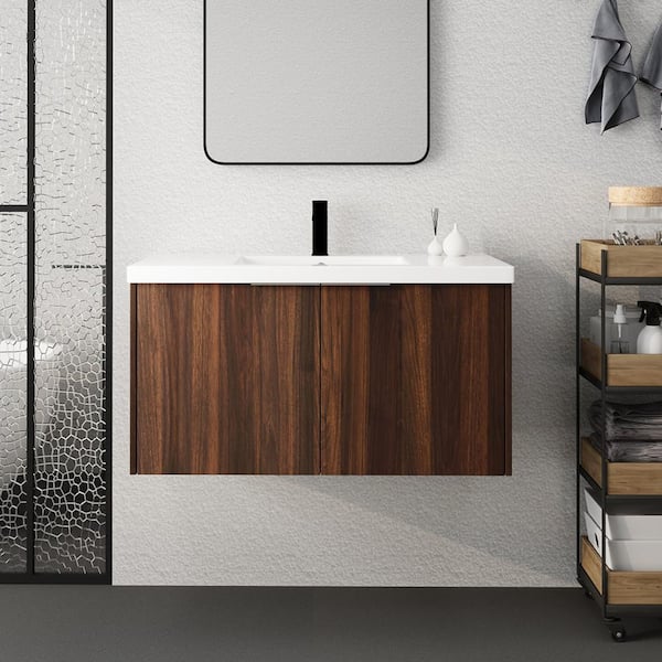 FAMYYT 36 in. W x 18.1 in. D x 19.3 in. H Floating Bath Vanity in Walnut with White Resin Top