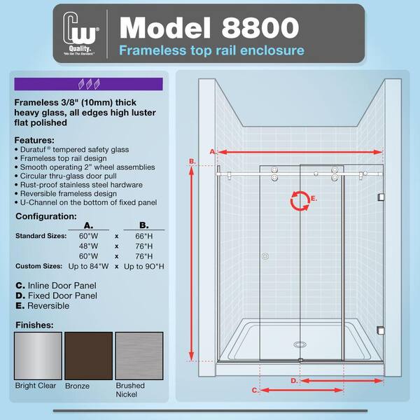 Contractors Wardrobe Model 8800 60 in. x 66 in. Frameless Sliding Tub Enclosure in Bright Clear with Circular Thru-Glass Pull