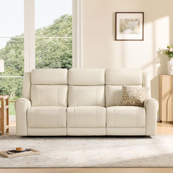Carter 83.46 in. Dual Motors Wall Hugger Leather Power Reclining Sofa in Cream with Cup Holders, Pockets,Straight Arm
