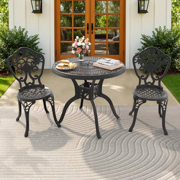 Willit Orchid Black 3-Piece of Cast Aluminum Outdoor Patio Dining Set with 31.50 in. Round Table and Armless Chairs