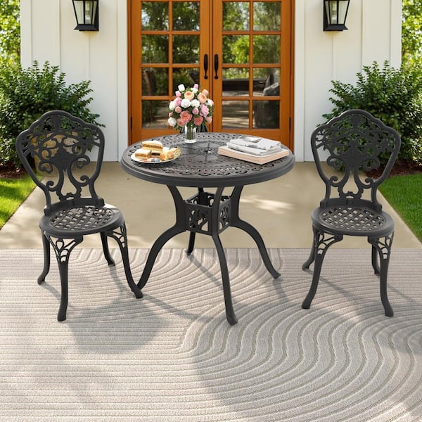 Orchid Black 3-Piece of Cast Aluminum Outdoor Patio Dining Set with 31.50 in. Round Table and Armless Chairs