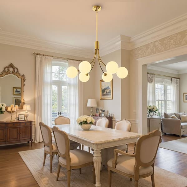 6-Light Vintage Gold Sputnik Linear Chandelier, Mid-Century Modern Pendant with Frosted Globe Glass for Dining Room