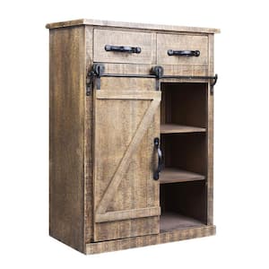 13 in. W x 24 in. D x 32 in. H Brown Linen Cabinet Wood and Metal Farmhouse Sliding Barn Door Accent Cabinet