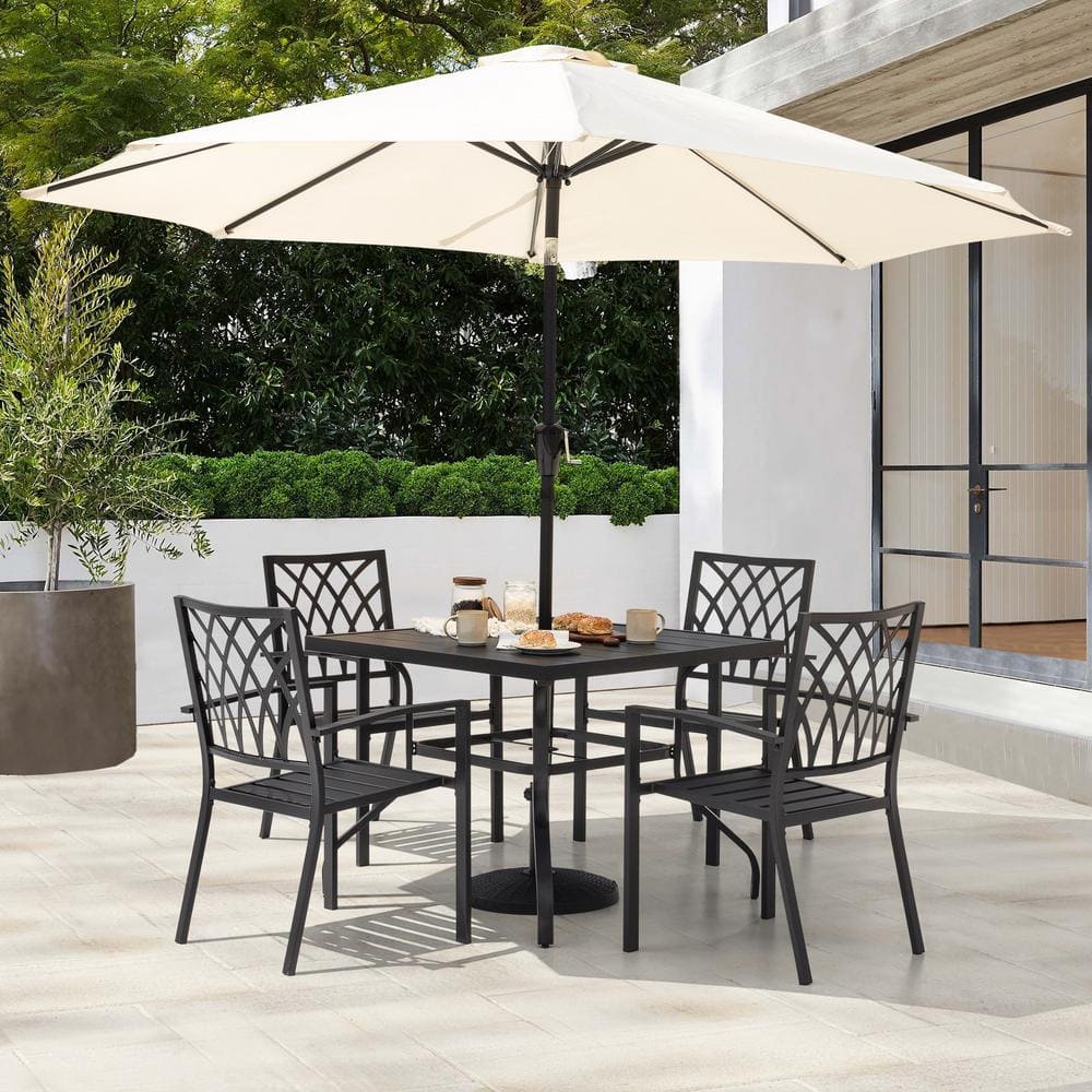 Modern Black Iron 5-Piece Outdoor Dining Set with Square Table