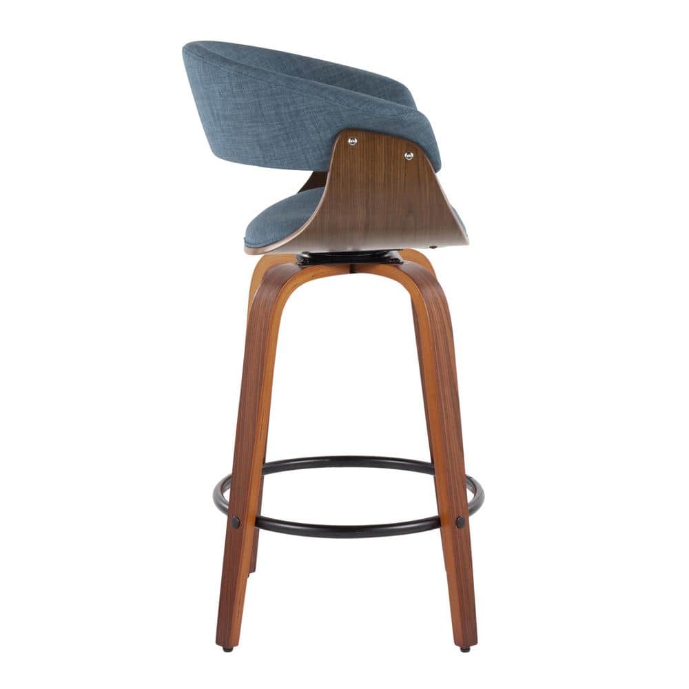 Set of 2 Blue Walnut Swivel Counter Stools with Black Metal Footrest