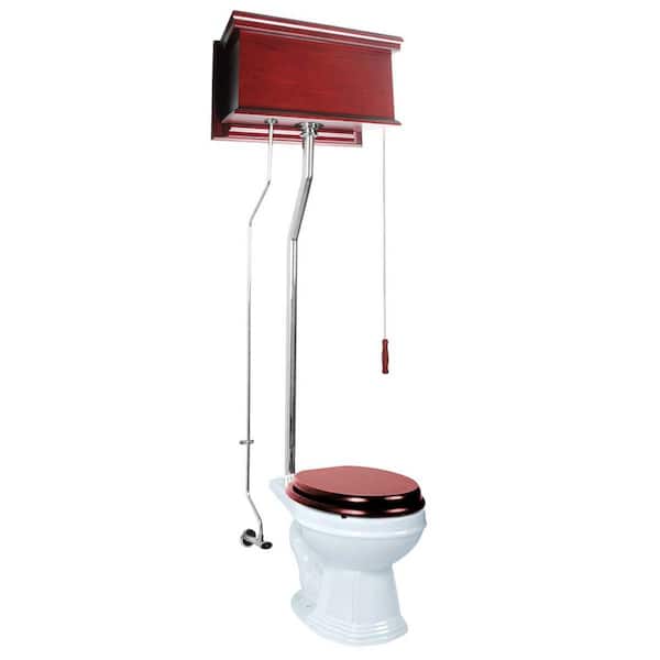 RENOVATORS SUPPLY MANUFACTURING High Tank Pull Chain Toilet Single Flush Round Bowl in White with Cherry Flat Tank & Chrome Rear Entry Pipes
