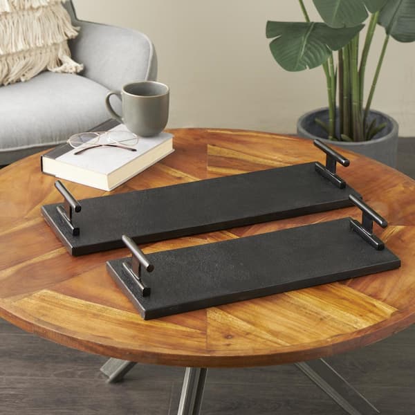 Litton Lane Black Marble Slim Textured Decorative Tray with Rod Handles (Set of 2)