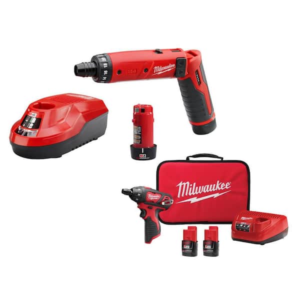 M4 4V Lithium-Ion Cordless 1/4 in. Hex Screwdriver 2-Battery Kit, & M12 Screwdriver Kit